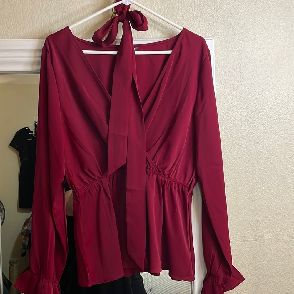 SHEIN burgundy tie belt blouse